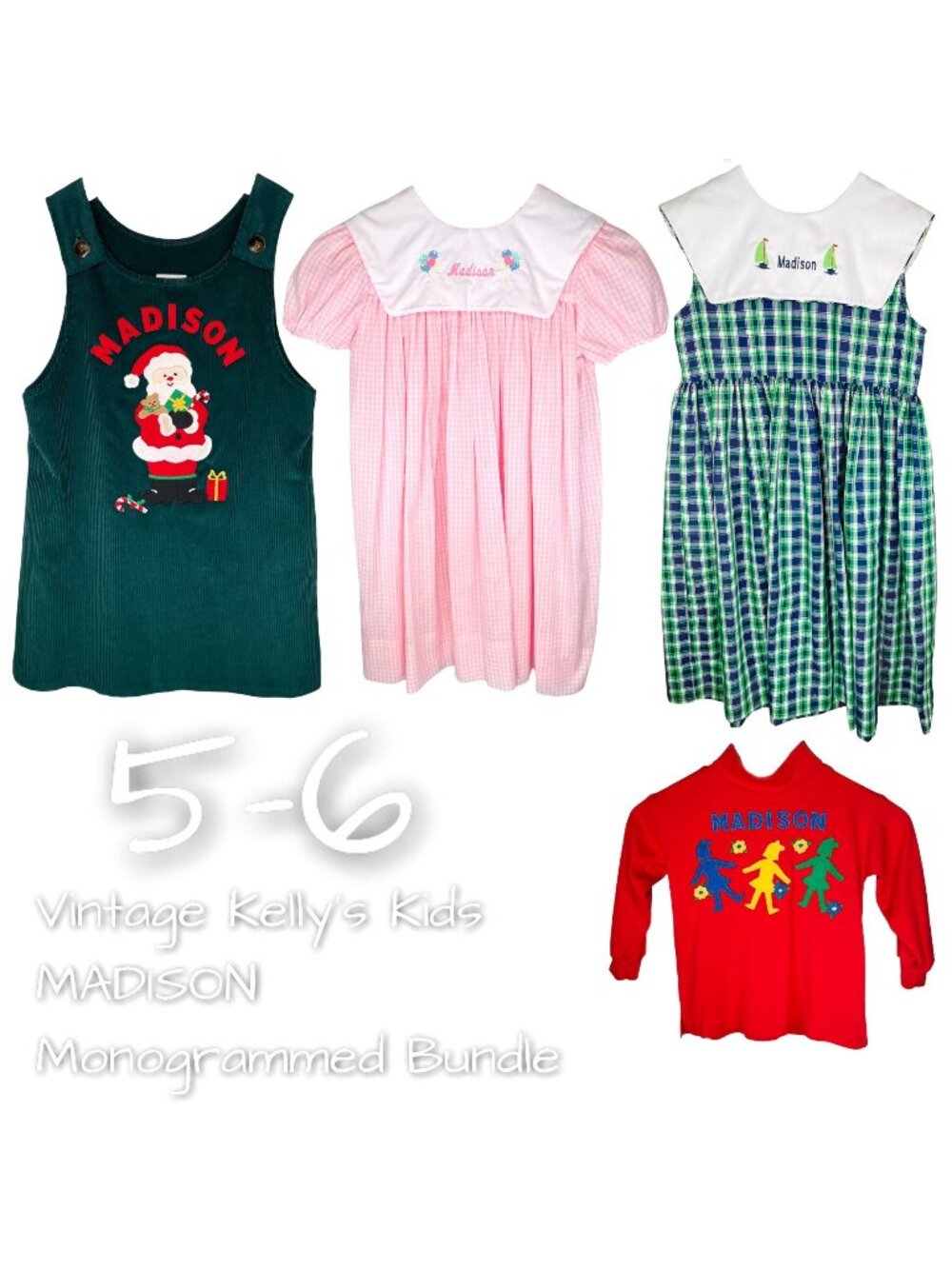 Vintage Kelly's Kids Girls Monogrammed MADISON Dress Bundle 5 - 6